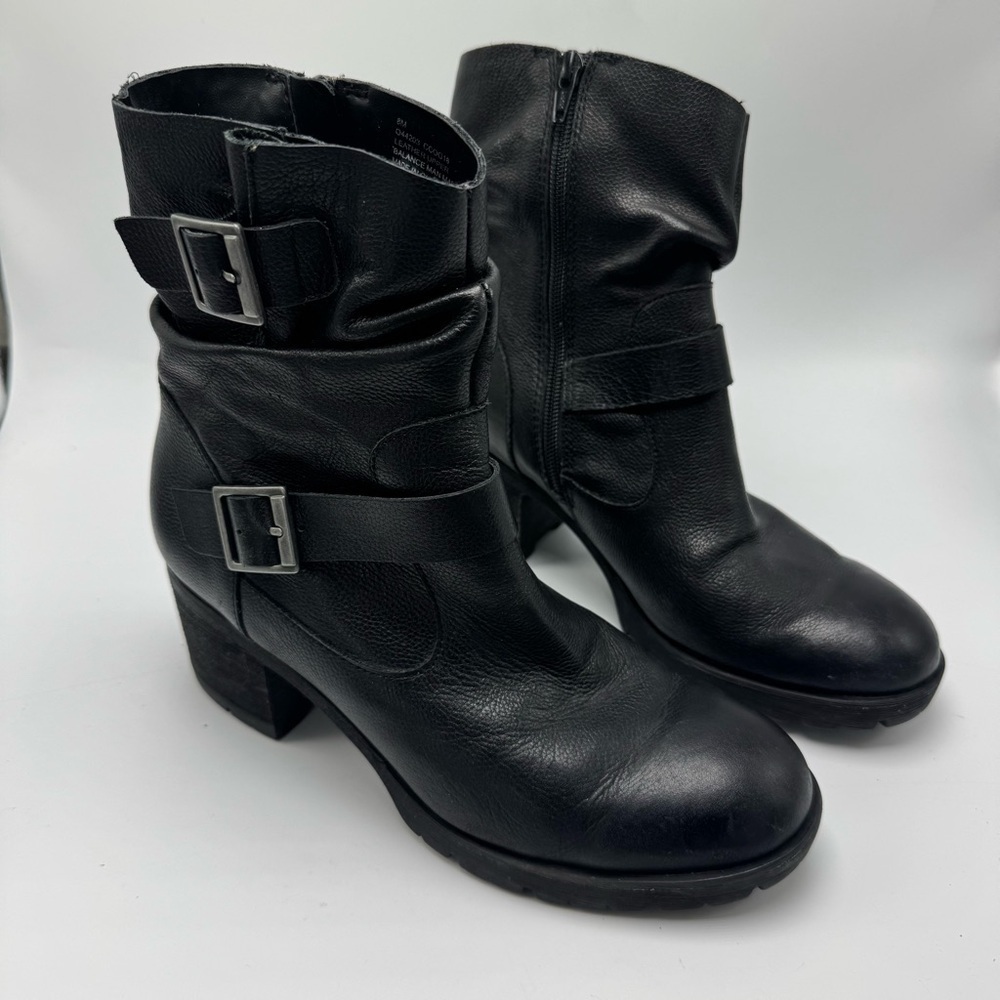 Korks Amund Black Leather Moto Boots Size 8 Block Chunky Heel Buckle Slouch